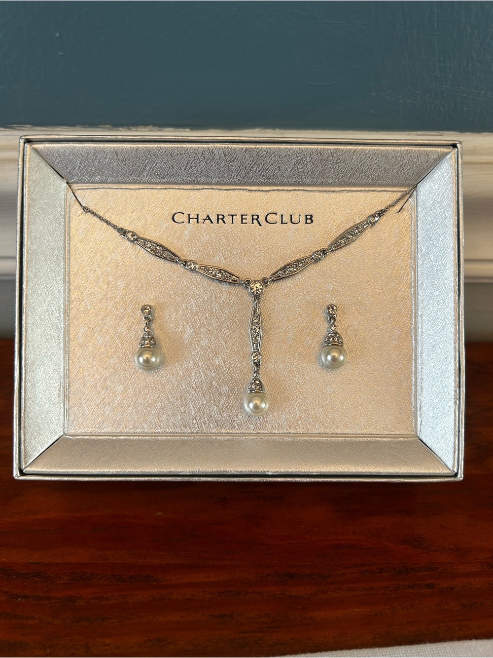 NWT Charter Club Silver-Tone Pearl Drop Necklace and Earrings Set - White Pearls